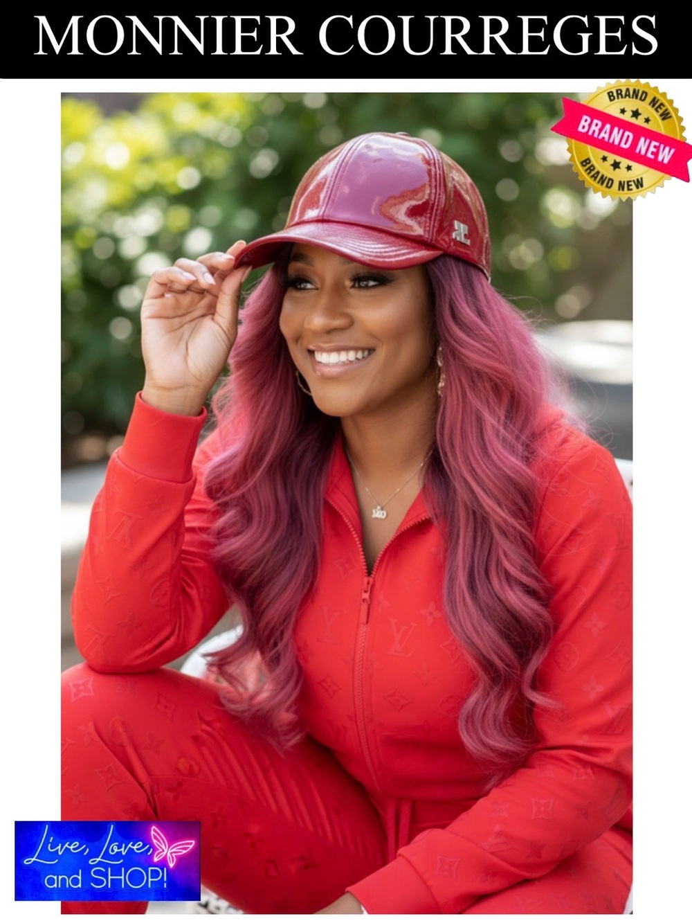MONNIER COURREGES Signature Red Patent Leather Baseball Hat, NWT